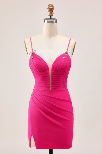 Bodycon Fuchsia Ruched Homecoming Dress With Bow